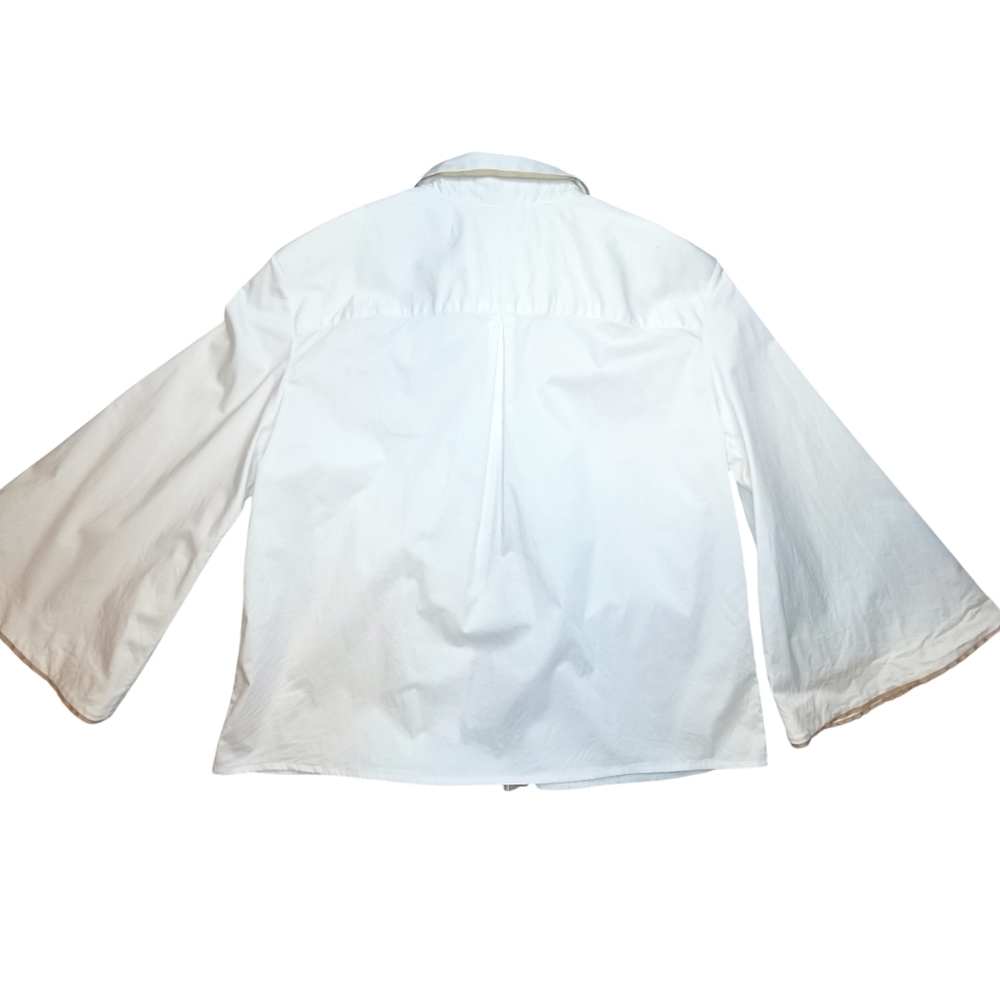 M. Martin White Poplin Cotton Buttondown Blouse Bell Sleeve Tan Piping Size M - Picture 2 of 14